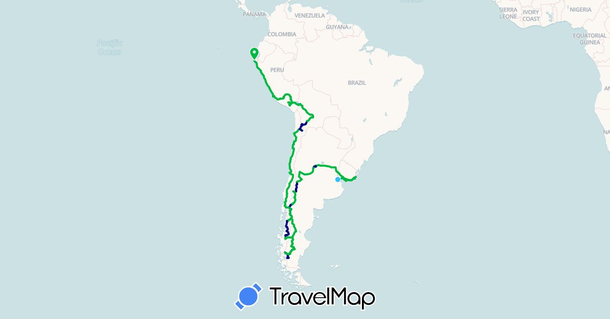 TravelMap itinerary: driving, bus, plane, boat in Argentina, Bolivia, Chile, Peru, Uruguay (South America)